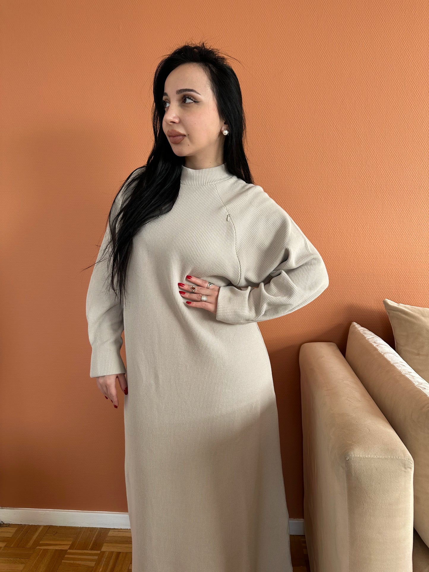 Robe longue latté pour allaiter en maille ouverture à zip nuance lactée